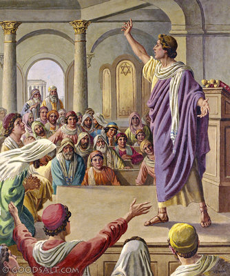 Esta pintura de Apolos predicando ilustra Comentarios sobre Hechos de Apóstoles, en editoriallapaz.