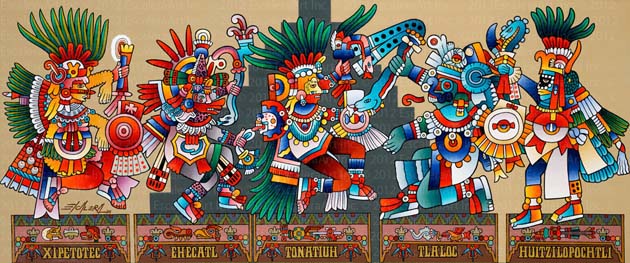 Esta gráfica de dioses de los aztecas ilustra el intercambio entre Julián y Homero sobre dioses imaginarios, el origen, la función y el poder de la imaginación, origen de conceptos espirituales, etcétera, en editoriallapaz.