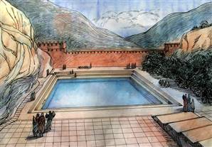 El estanque de Siloé en Jerusalén -rendición artística basada en hallazgos arqueológicos.