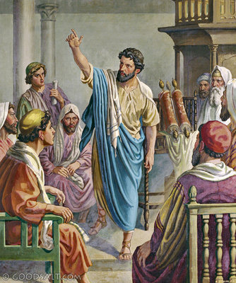 Pintura que demuestra al apóstol Pablo exponiendo el evangelio de Cristo en la sinagoga de Berea, evento durante su segunda viaje evangelístico.