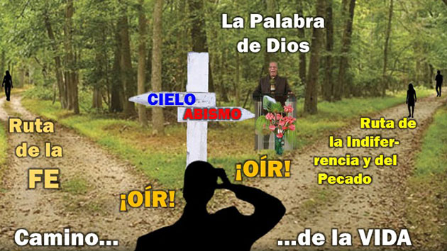 En esta gráfica, el transeúnte por el Camino de la Vida llega a una bifurcación con un letrero que indica, por un lado, para el Cielo, y por el otro, hacia el Abismo, enfatizándose la importancia de oír la Palabra de Dios para tener una Fe inteligente y enfilarse por la Ruta de la FE hacia el Cielo, ilustración para Por este camino para el cielo, en editoriallapaz.