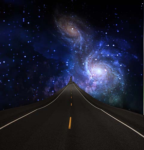 This graphic of a highway ito to space disappearing in the distance among galaxies illustrate Index E of subject by Peace Publishers, in editoriallapaz.org