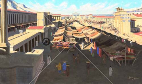Una visualización realista de la Agora de la ciudad de Corinto durante el tiempo de los apóstoles, ilustración para Comentarios biblicos: 2 Corintios, en editoriallapaz.
