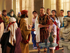 El apóstol Pedro y sus compañeros se adentran en la casa de Cornelio y su familia, ilustración para el comentario de McGarvey sobre Hechos 10, en editoriallapaz.