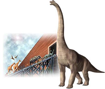 Esta gráfica de un dinosaurio enorme cerca del arca de Noé ilustra el tema ¿Dinosaurios en el arca de Noé?, en editoriallapaz.