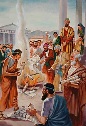 Quema de libros de magia en Éfeso después de la intensa evangelización de aquella ciudad por Pablo y sus compañeros.