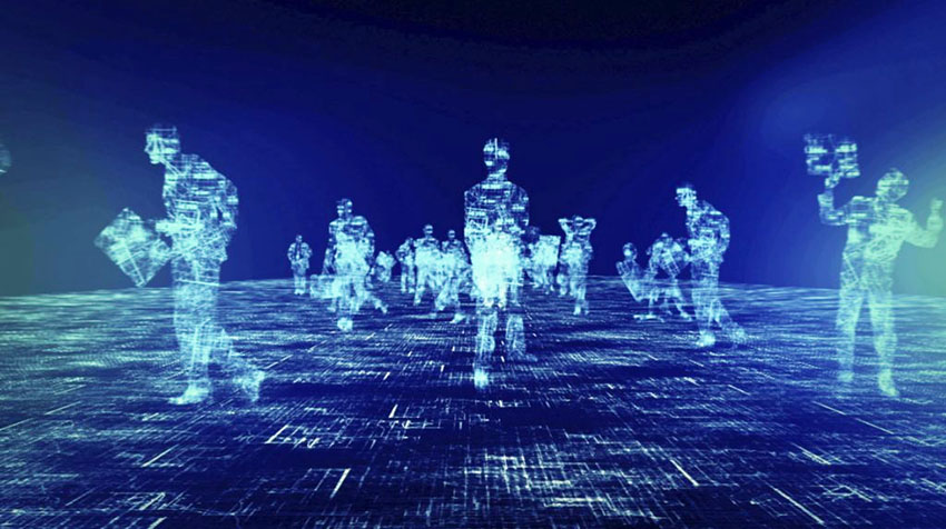 En esta gráfica figuras digitalizadas portando computadoras o libros comina sobre una superficie electrónica virtual contra un fondo de azul oscuro, ilustración para Tabla de Salones Virtuales de editoriallapz.org.