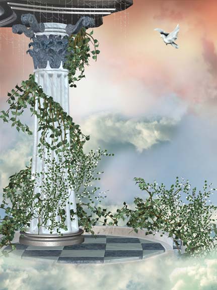 Una gran columna en el cielo, con el glorioso espacio de trasfondo y una ave blanca arriba de la columna, ilustra el mensaje Eterna salud, en editoriallapaz.