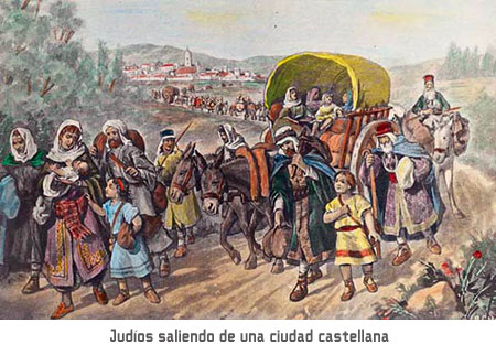 Judíos salen de una ciudad de Españá, gráfica para el documento sobre Judíos: Bosquejo conciso de su historia del 63 a. C. al 1497 d. C., en editoriallapaz.org.