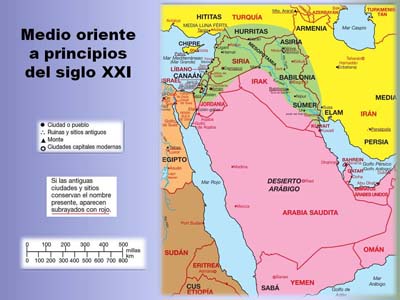 Un mapa de alta calidad del Medio Oriente como se conoce a principios del siglo XXI, identificándose no solo reinos y ciudades de tiempos antiguos sino también países y ciudades de actualidad.
