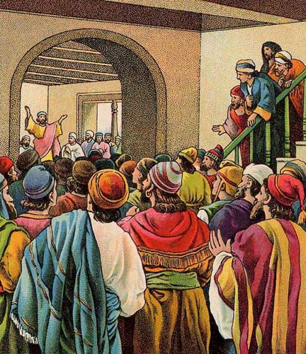 El apóstol Pablo predica a mucha gente en la sinagoga de Antioquía de Pisidia, ciudad que él y Bernabé evangelizaron durante su primer viaje evangelístico.