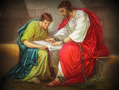 En esta pintura, Timoteo visita a Pablo en la cárcel, illustración para Comentarios bíblicos: 1 Timoteo, en editoriallapaz.