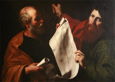 Esta pintura de Pablo y Timoteo, con manuscritos, ilustra Coimentarios bíblicos: 2 Timoteo, en editoriallapaz.