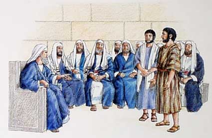 Miembros del Sanhedrín judío advierten a los apóstoles Pedro y Juan a no predicar más a Jesucristo de Nazaret, que en ninguna manera hablasen ni enseñasen en el nombre de él.