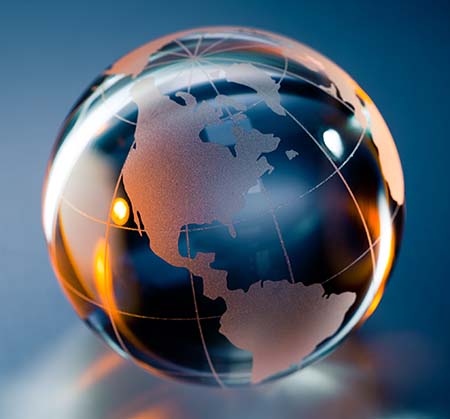 The western hemisphere is highlighted on this globe of the Earth against a blue background, illustration for Index C of subjects in Peace Publishers.