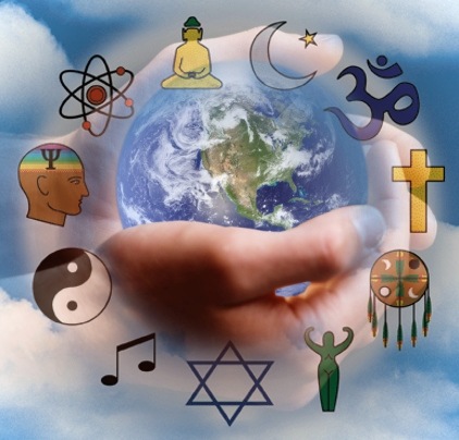 Esta gráfica del planeta Tierra, con símbolos de religiones alrededor, ilustra la Página Noticias dlel mundo religioso, en editoriallapaz.