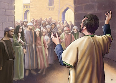 Felipe predica el evangelio a los samaritanos, ilustración para el comentario por McGarvery sobre Hechos 8, en editoriallapaz.