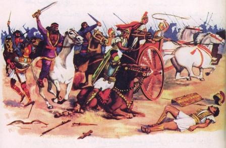 Esta escena de una batalla en el antiguo Medio Oriente ilustra el documento Guerras entre los reinos de Adiabana, Partia y Arabia, cumpliéndose la profecía de Jesucristo sobre oír de Guerras y rumores.