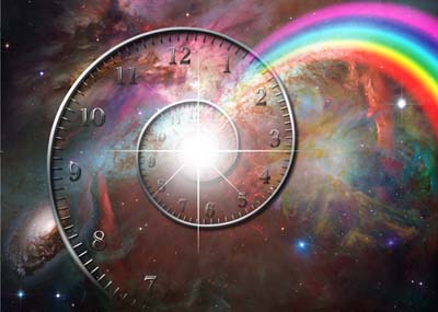 Esta impresionante gráfica de un reloj de cara transparente contra el trasfondo del espacio donde resalta un gran arco iris ilustra el tema El Reloj Profético, en editoriallapaz.