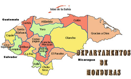 Map showing the Departments of the country of Honduras.