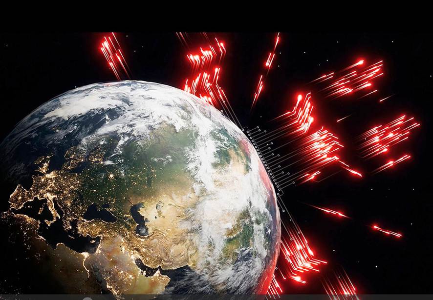 Una creación artística del globo terráqueo en la que se enfocan Asia y el Cercano Oriente, con  explosiones rojas y blancas que salen en el trasfondo negro.