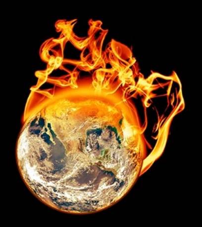 Una imagen del planeta Tierra con llamas de fuego que consumen ya una porción sustancial del globo, contra un trasfondo negro.