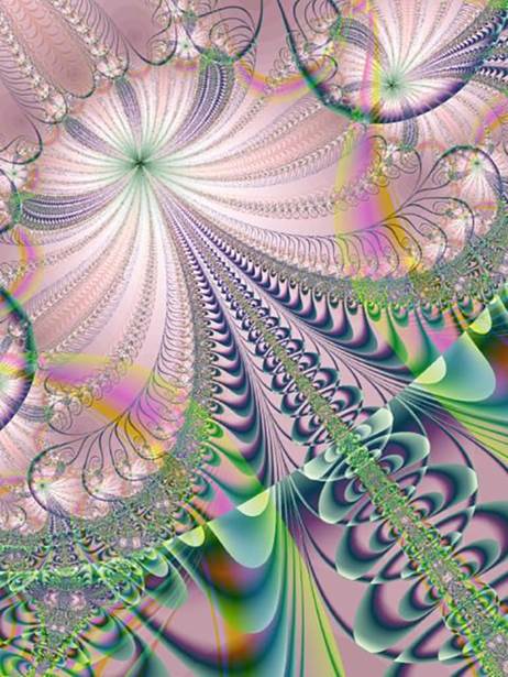 Esta gráfica de fractales geométricas variadas que, de grande a menor, se pierden en la infinidad se interpreta como una ilustración apropiada para el tema de la Inmortalidad.