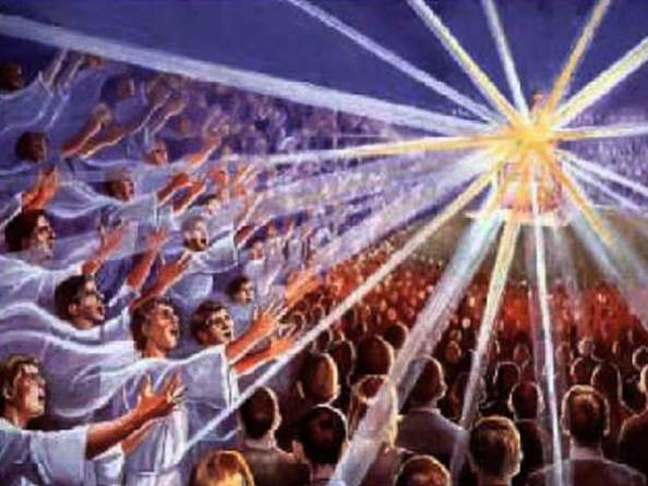 Una pintura que representa a Dios sobre su trono en el cielos con rayos blancos de luaz brillante de el y cientos de millones de almas de seres humanos muertos injusta y cruelmente piden a gritos ¡JUSTICIA! ¡JUSTICIA!