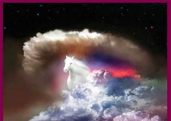 Pintura de un caballo blanco que emerge velozmente de una masa de nubes blancas con un semicírculo de nubes grisáceas y blancas arribe de su cabeza, todo contra un trasfondo negro con tonos de rojo en la lejanía, ilustración para el tema Nuestra reunión con Cristo.><span style=