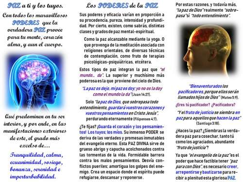 Los Poderes de la Paz es el título de esta diapositiva compuesta de gráficas de la cabeza de una dama y la de un hombre, más textos que presentan enseñanzas prácticas y motivadoras.