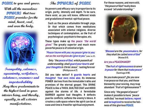 The Powers of Peace is the subject of this PowerPoint slide. Artistic renditions of the head of a woman and the head of a man, plus relevant Bible texts, observations and applications, make up the content.