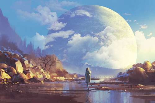 Una Creación artística elegante de una dama parada sobre el planeta Tierra y  contemplando la aparición de una enorme esfera nueva en el horizonte la que representa la Tierra nueva con cielos nuevos.