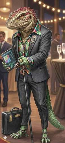 Una creación AI Gemini de hombre vestido de traje y camisa multicolor mas con cabeza, manos y pies como de reptíl.
