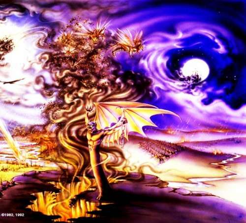 Una pintura artística que representa a Satanás salido del abismo y metamorfoseándose como gran dragón escarlata encima de muchedumbres de seres humanos.