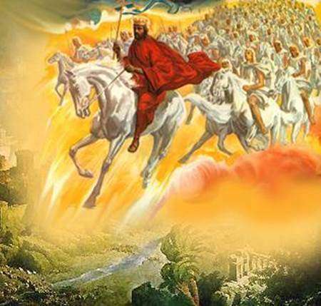 Una redición artística que representa a Jesucristo en su Segunda Venida sobre un caballo blanco seguido por un gran ejército de justos glorificados también cabalgando sobre caballos blanco.