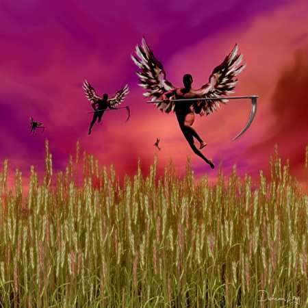 La tierra es segada dos veces por ángeles con hoces, evento que representa el pintor Duncan Long, valiéndose de imágenes, figuras y colores del mundo material.