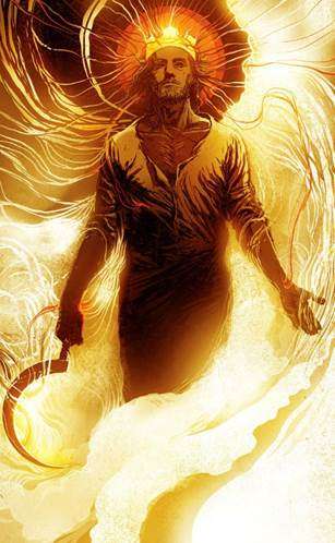 Una representación artística de un varón vista de cerca con corona de oro y una hoz aguda en la mano derecha alrededor de quien fluyen neblinas llanas en tonos de oro, anaranjado y rojo.