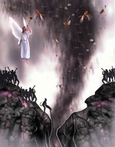 Pintura del humo que sale del abismo del que salen langostas para atormentar a las personas que no tienen el sello de Dios.