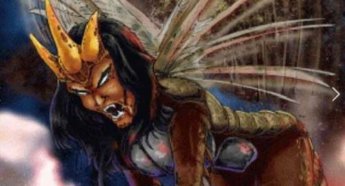 Representación artística de la cabeza con cabello como de mujer de las langostas de Apocalipsis 9.