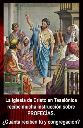 Pintura del apóstol Pablo vestido de una túnica blanca y azul, parado ante miembros de la iglesia de Cristo fundada por él, vestidos con ropas de distintos colores y sentados quizás en la sinagoga de Tesalónica y recibiendo mucha instrucción sobre profecías.