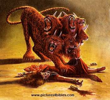 En esta imagen, la “gran ramera” no está sentada sobre la bestia con siete cabezas y diez cuernos sino que yace en el suelo y la bestia está en el acto de devorarla, representación fiel de la escena tal cual descrita en Apocalipsis 17:16. “Y los diez cuernos que viste en la bestia, éstos aborrecerán a la ramera, y la dejarán desolada y desnuda; y devorarán sus carnes, y la quemarán con fuego; porque Dios ha puesto en sus corazones el ejecutar lo que él quiso: ponerse de acuerdo, y dar su reino a la bestia, hasta que se cumplan las palabras de Dios.”