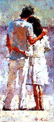 Este abstracto de una pareja, de espaldas al observador,inclinándose levemente el uno al otro, cada uno con un brazo tocando la espalda del otro, ilustra el tema ¿Cuáles son los amores buenos?