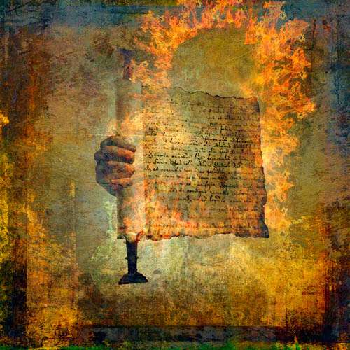 Una pintura artística de n manuscrito muy antiguo contra un trasfondo abstracto medio misterioso, con el marco en llamas de un puerto en regiones celestiales.