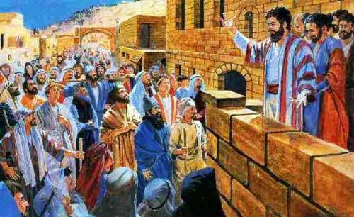 En esta pintura muy detallada se ve una multitud de personas delante de los apóstoles en Jerusalén en el día de Pentecostés, escuchando muy atentamente la explicación del propósito de las lenguas de fuego y el ruido como de un viento recio que señalaban el poder del Espíritu Santo que cayó solo sobre los apóstoles en aquel día, ilustración para el estudio sobre El don del Espíritu, Parte 2, en editoriallapaz. 