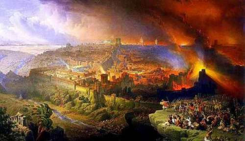 En esta pintura del sitio de Jerusalén por el ejército romano, fuegos arden en secciones norteñas de la ciudad mientras observan soldados de una de las cuatro legiones romanas que se arrimaron contra las grandes murallas, peleando ferozmente contra los contumaces defensores judíos fanáticos.