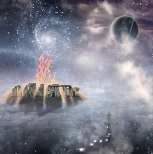 En esta misteriosa gráfica, un ser humano solitario va caminando como por el espacio en medio de un ámbito tenebroso hacia el encuentro con fuerzas malévolas en lugares celestiales, representadas por Stonehinge, a la izquierda, con un fuego voraz encendido en su centro, símbolo del paganismo antiguo. En los cielos distantes giran enormes galaxias y una esfera muy grande, creaciones que representan los poderes del Dios Creador, superiores por mucho a los de Lucifer-Satanás, sus principados, potestades, gobernadores de las tinieblas y demonios, cuyas actuaciones son limitadas por el Todopoderoso.
