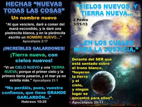 Esta imagen se compone de una esfera abstracta de tonalidades de púrpura y gris que sube, en  representación de la Tierra Nueva, de neblinas semitransparentes hacia un fulgor luminoso blanco, con las palabras en letra artística Cielos Nuevos, y Tierra Nueva encima y debajo, En los cuales Mora la Justicia, y sobrepuesta a la esfera en el lado derecho, una imagen de la Nueva Jerusalén. Debajo de este conjunto de gráficas, se ve una esfera de aspecto moribundo que huye a través de dimensiones tenebrosas del Ser sentado sobre su Trono Blanco.