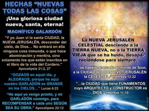 Una visualización artística de la Nueva Ciudad de Dios, la Nueva Jerusalén Celestial, la cual se representa, en tonalidades de oro, púrpura, amarillo, y rojo, como una ciudad de mansiones espirituales, con una ancha y larga calle de oro, alumbrada por una poderosa lumbrera arriba de la ciudad, la cual ciudad desciende del Cielo y se ubica en la Tierra Nueva, representa esta mediante la porción superior de una gran esfera azul y blanca con una luz blanca potente en su ápex que emite rayos en abanico hacia la Ciudad Celestial.