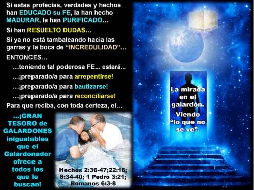 Una imagen de la silueta de un varón, visto de espalda, parado al final de unas gradas anchas de color azul profundo, en una puerta ancha con el espacio azul índigo estrellado delante de él, mirando hacia una esfera grande de tonalidades azul y blanco que representa la Tierra Nueva, con un cubo dorado en la esquina superior derecha que representa a la Nueva Ciudad Celestial de Dios, la Nueva Jerusalén. 