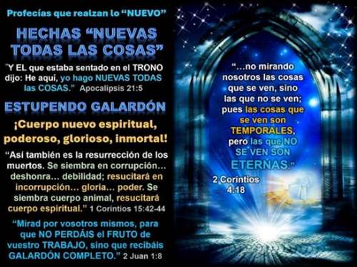 Una imagen de un arco celestial alto y elegante en tonalidades de azul verdoso que se yergue contra un trasfondo de cielos estrellados y que descansa sobre una superficie infinitamente grande de diseños geométricos que brillan en variaciones de azul y blanco, mientras en primera plana se ve una luz de blanco intenso que emite rayos azules y blancos hacia arriba y afuera, acompañada en el lado derecho de textos concisos sobre Todas las Cosas Hechas Nuevas.